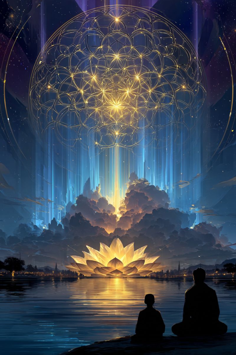 Night water lotus flower sky cloud reflection meditation people sitting contemplation fantasy dreamlike inspiration spirituality In the foreground, two people sit on the edge of a lake, facing a large, glowing lotus flower in the water. The lotus is illuminated by a bright light, casting reflections on the water. Above the lotus, a large, intricate golden sphere with a pattern of concentric circles floats in the sky. The sky is a deep blue, dotted with stars, and there are glowing blue beams of light extending from the sphere down to the lotus. In the distance, there are silhouettes of buildings and trees against the horizon.