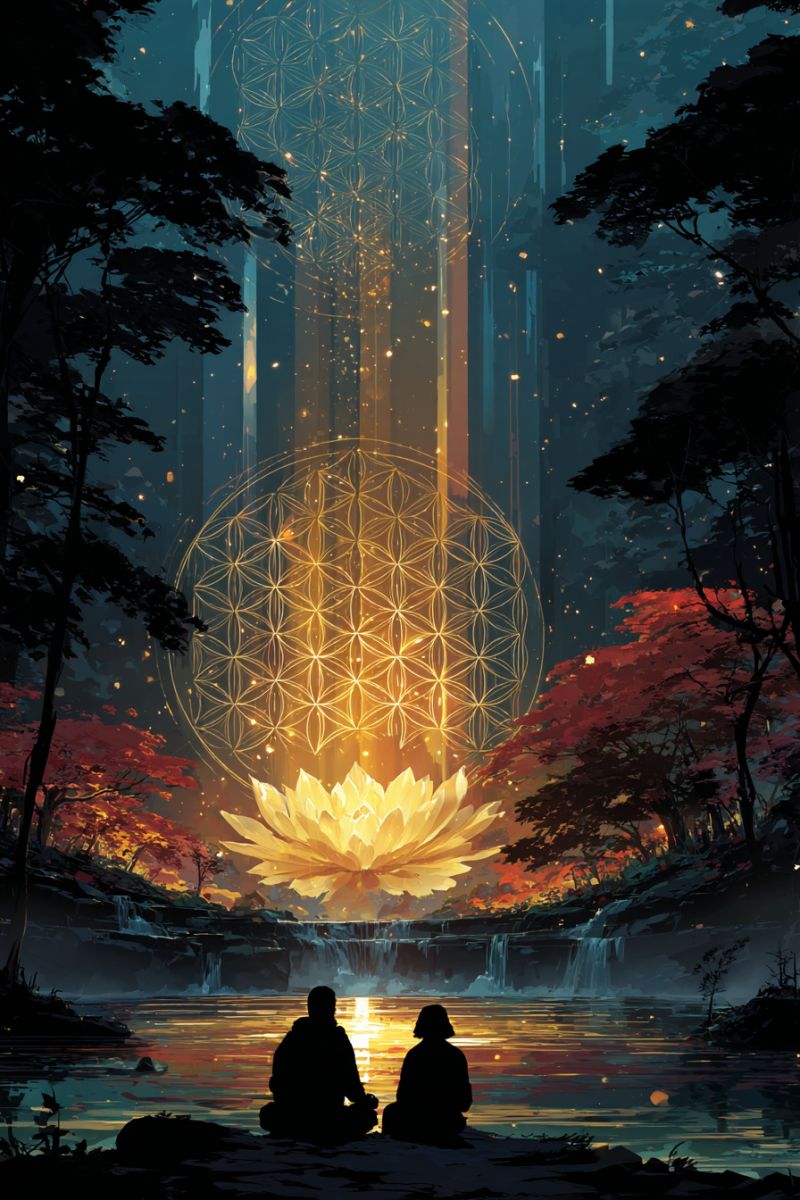 Night water flower forest meditation fantasy reflection people trees lake fall autumn In a serene, mystical forest, two individuals sit cross-legged on a rock by a tranquil lake. The lake's surface reflects the warm, golden hues of the setting sun. Behind them, a majestic, glowing flower with intricate petals, resembling a mandala, floats above a waterfall cascading into the lake. The forest is lush with trees, some with vibrant red leaves, and the air is filled with a soft, ethereal glow. The scene is peaceful and otherworldly, with a sense of deep contemplation and connection to nature.