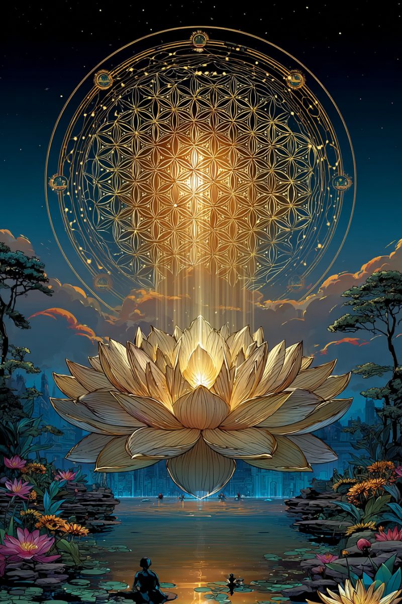 Flower lotus water night sky cloud painting fantasy dream meditation spirituality nature garden plant tree A large, radiant golden lotus flower floats above a serene pond, surrounded by lush greenery and vibrant flowers. The flower's petals are intricately detailed, and it glows with a warm, golden light. Above the lotus, a circular design with a golden hue and intricate patterns, possibly representing the Flower of Life, emits a soft, golden light. The sky is a deep blue, dotted with stars, and there are silhouettes of trees and a distant cityscape. In the foreground, a person sits in meditation on the pond's edge, surrounded by floating lily pads.