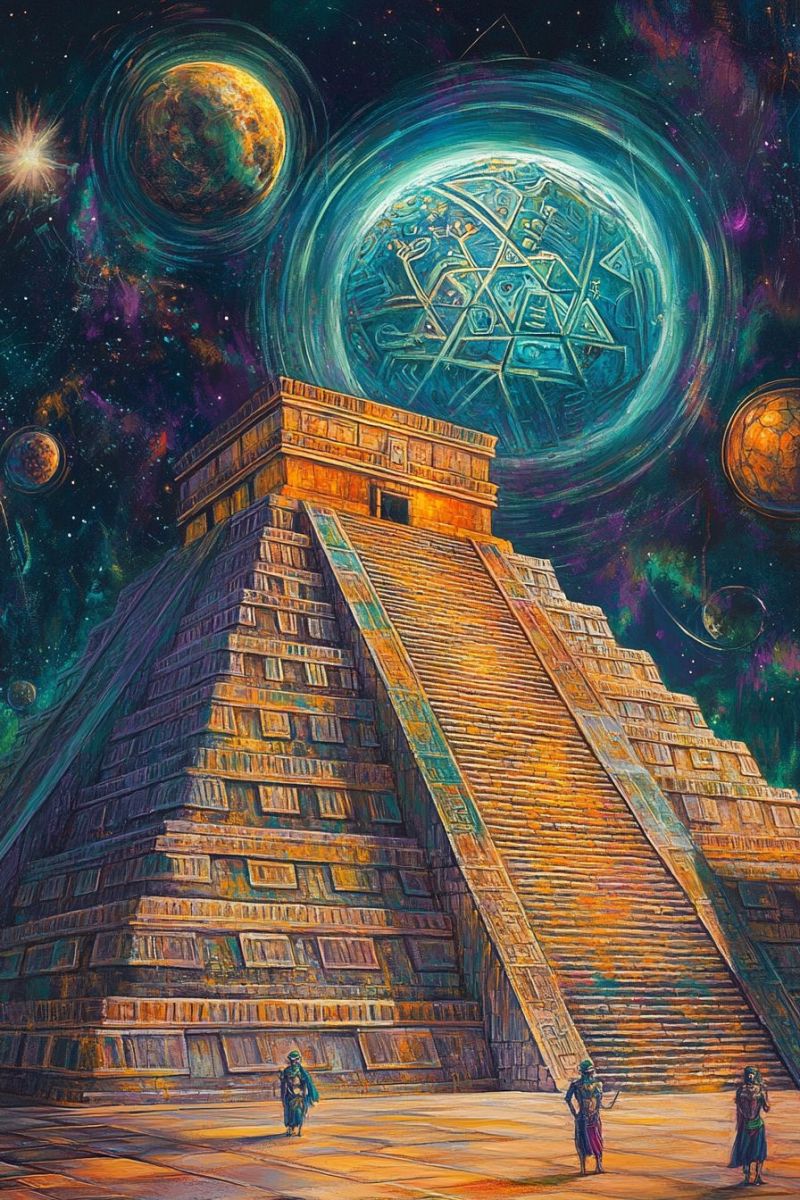 Pyramid ancient architecture astronomy celestial cosmos culture drawing extraterrestrial fantasy geometric history imagination inspiration mystery spa The painting depicts a grand pyramid with a stepped structure, adorned with intricate carvings and a golden hue. At the top of the pyramid, there is a large, glowing circular object with a geometric pattern. Surrounding the pyramid are three figures dressed in ancient attire, standing in front of it. The background is a vibrant cosmic scene with swirling galaxies, planets, and stars, creating a mystical and otherworldly atmosphere.