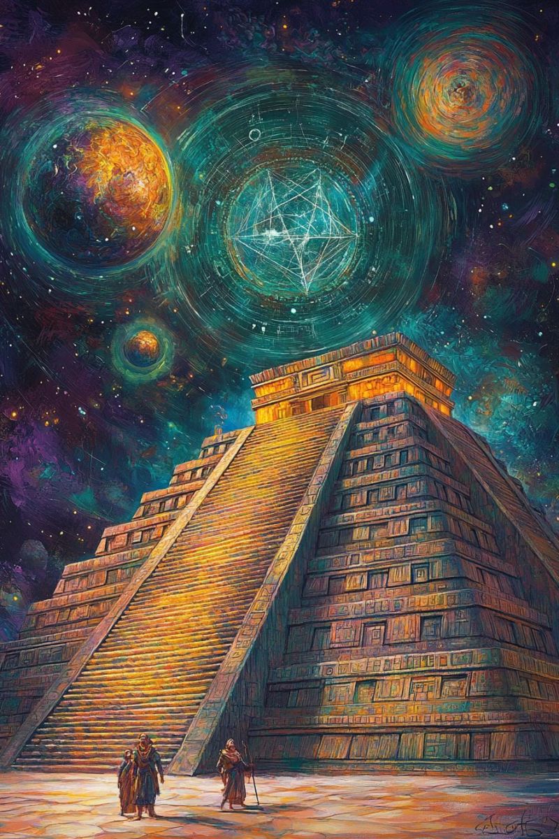 Pyramid ancient architecture astronomy celestial cosmos culture design drawing extraterrestrial geometry history mathematics mystery pentagram science In the foreground, a grand pyramid with a stepped structure stands prominently. The pyramid is adorned with intricate carvings and symbols, and it is bathed in a warm, golden light. Two individuals, dressed in ancient attire, are standing at the base of the pyramid, facing each other. Above the pyramid, the sky is a vibrant tapestry of swirling colors, including deep blues, purples, and greens. Interspersed in the sky are celestial bodies: a large, fiery planet, a smaller, glowing planet, and a large, glowing circle with a star pattern. The overall scene is rich with color and detail, creating a mystical and otherworldly atmosphere.