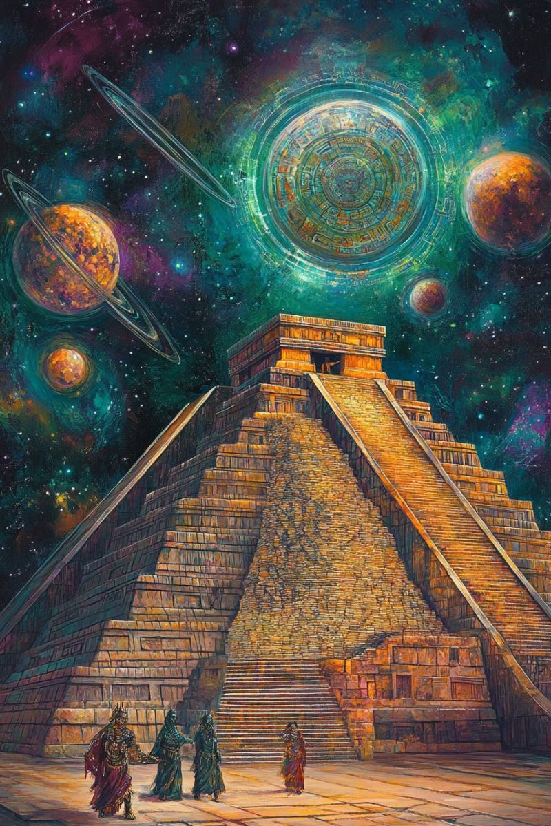 Pyramid ancient architecture astronomy celestial cosmos culture drawing extraterrestrial fantasy history imagination inspiration mysticism science spa The painting depicts a grand pyramid with a stepped structure, made of stone blocks, standing prominently in the foreground. The pyramid is surrounded by a group of people dressed in ancient attire, possibly engaged in a ritual or ceremony. Above the pyramid, a circular object with intricate designs, resembling a celestial or mystical symbol, floats against a backdrop of vibrant, swirling colors. The sky is filled with celestial bodies, including planets and moons, adding to the mystical atmosphere. The overall scene combines elements of ancient architecture, celestial bodies, and mystical symbols, creating a sense of wonder and intrigue.