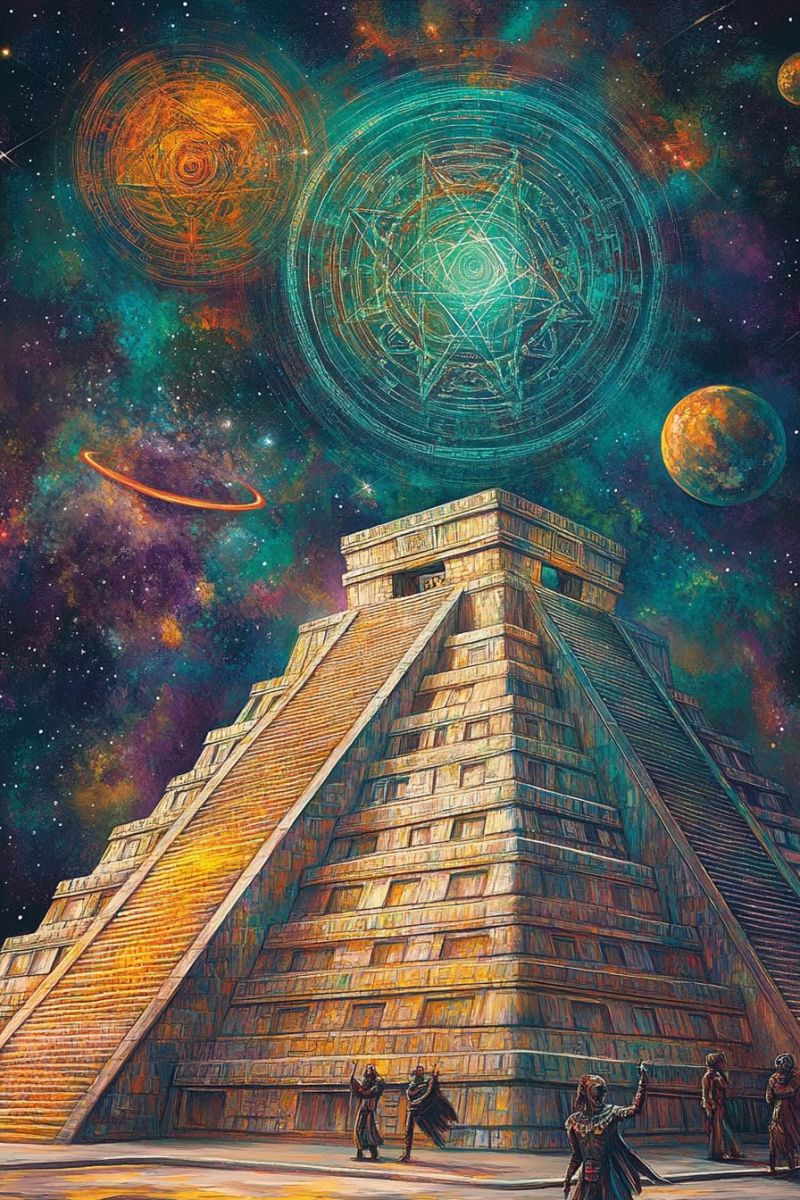 Pyramid ancient architecture astronomy celestial cosmos culture design drawing egyptian extraterrestrial fantasy geometry history imagination inspirat The painting depicts a grand pyramid with a stepped structure, reminiscent of ancient Mesoamerican architecture, set against a backdrop of a vibrant, cosmic sky. The pyramid is adorned with intricate carvings and appears to be made of stone blocks. Above the pyramid, two large circular designs float, one in orange and the other in teal, both featuring star-like patterns. The sky is a rich tapestry of colors, including blues, purples, and greens, with celestial bodies such as planets and stars scattered throughout. In the foreground, several figures dressed in elaborate, ancient attire stand before the pyramid, appearing to engage in a ritual or ceremony.