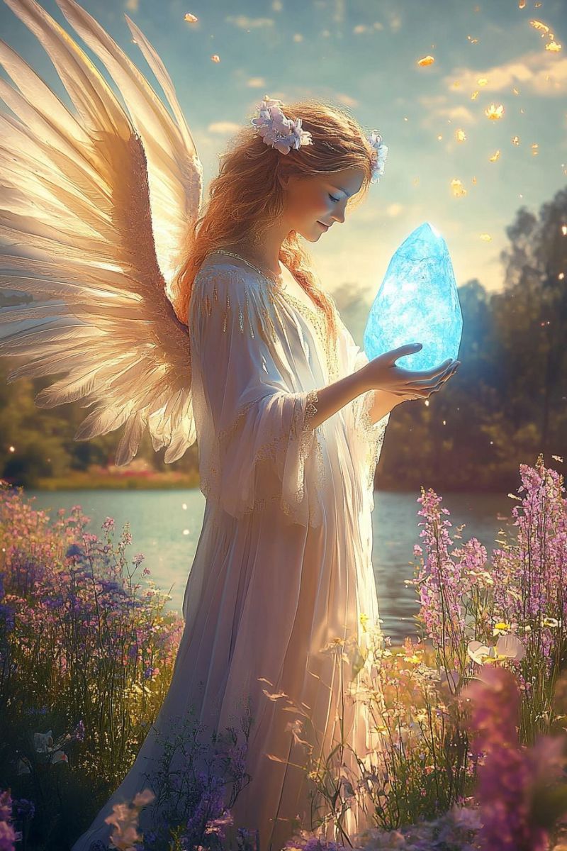 Fantasy angel fairy woman wing waterfall flower field mystical nature serene celestial dreamlike surreal spiritual meditative mythical digital artwork featuring an angelic figure with light-colored hair and feathered wings. She has a contemplative expression, holding a glowing blue orb in her right hand. The angel is standing amidst a field of tall grass and wildflowers, with the backdrop showing a serene body of water surrounded by trees. The sky above is adorned with soft clouds and hints of light suggesting either dawn or dusk. The overall atmosphere of the image is tranquil and ethereal.