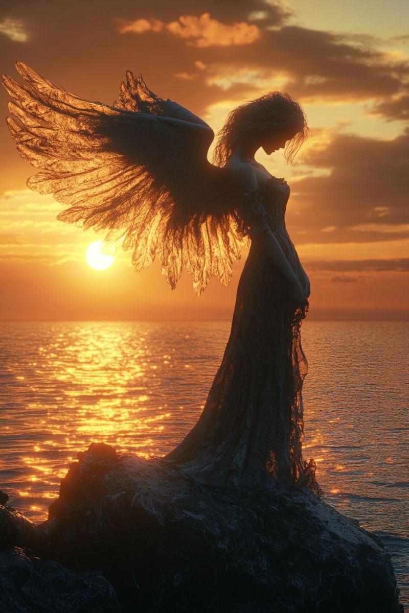 Angel statue sunset beach sculpture woman wing ocean female bird like coastal rocky shoreline photograph featuring an ethereal scene. At the center, there is a statue of a figure that resembles an angel or a mythical creature with wings. This figure has long hair and is adorned with what appears to be feathers or leaves. It stands on rocky terrain, overlooking a body of water at sunset or sunrise, where the sky displays hues of orange, yellow, and blue. The ocean below mirrors these colors in the horizon. The statue is illuminated by natural light, which accentuates its details, suggesting that it might be of importance or significance in this location. The composition of the photograph gives a sense of tranquility and majesty.