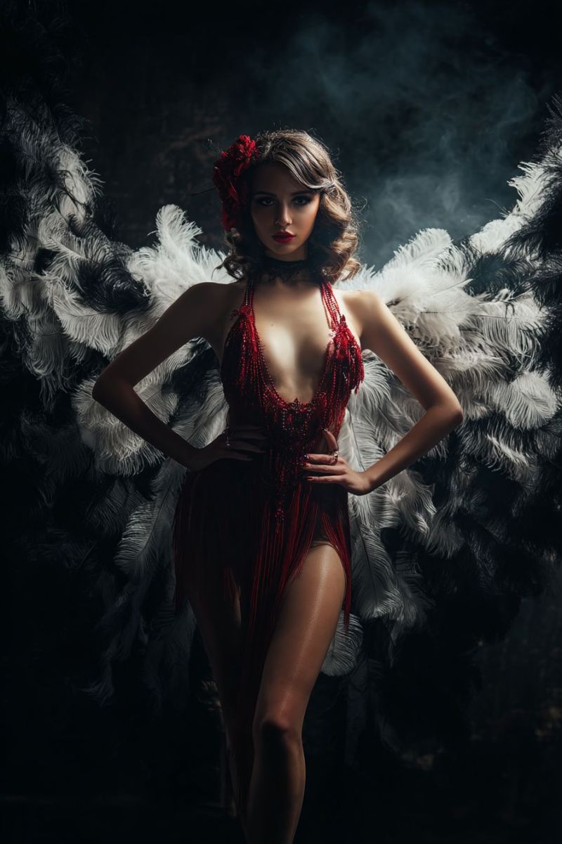 Woman feathers feathery feathered feather red dress costume gown outfit attire ensemble apparel clothing garment fashion look appearance A woman stands confidently with her hands on her hips, wearing a red, beaded dress that leaves her midriff exposed. She has wavy, shoulder-length hair and a red flower in her hair. She is surrounded by large, white and black feathers that resemble wings, creating a dramatic and theatrical effect. The background is dark and smoky, adding to the mysterious and glamorous atmosphere of the image.