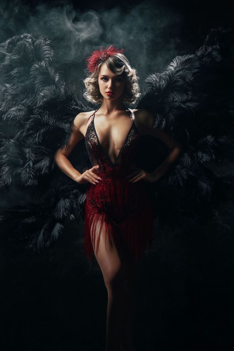 Woman feathers feather boa boas A woman stands confidently with her hands on her hips, wearing a red, lace-trimmed dress that flows into a fringed skirt. She has wavy, shoulder-length blonde hair and a red headband. Her makeup is bold, with red lipstick and a smoky eye. She is surrounded by large, dark feathers that create a dramatic , suggesting a smoky, mysterious atmosphere. The lighting is low, casting shadows that add to the dramatic effect.