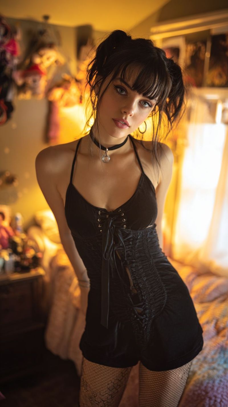 Femme lingerie chambre nuit Une femme aux cheveux foncés coiffés en un chignon lâche se tient dans une pièce, portant un corset noir avec des détails en dentelle et un collier ras-du-cou. Elle est vêtue de shorts noirs avec des bordures en dentelle et des collants résille. Elle pose avec un léger sourire, le regard dirigé légèrement sur le côté. L'arrière-plan comprend un lit avec une couverture blanche et divers objets décoratifs, comme un peluche et un cadre avec une photo. L'éclairage est chaleureux, projetant une douce lueur sur la scène.