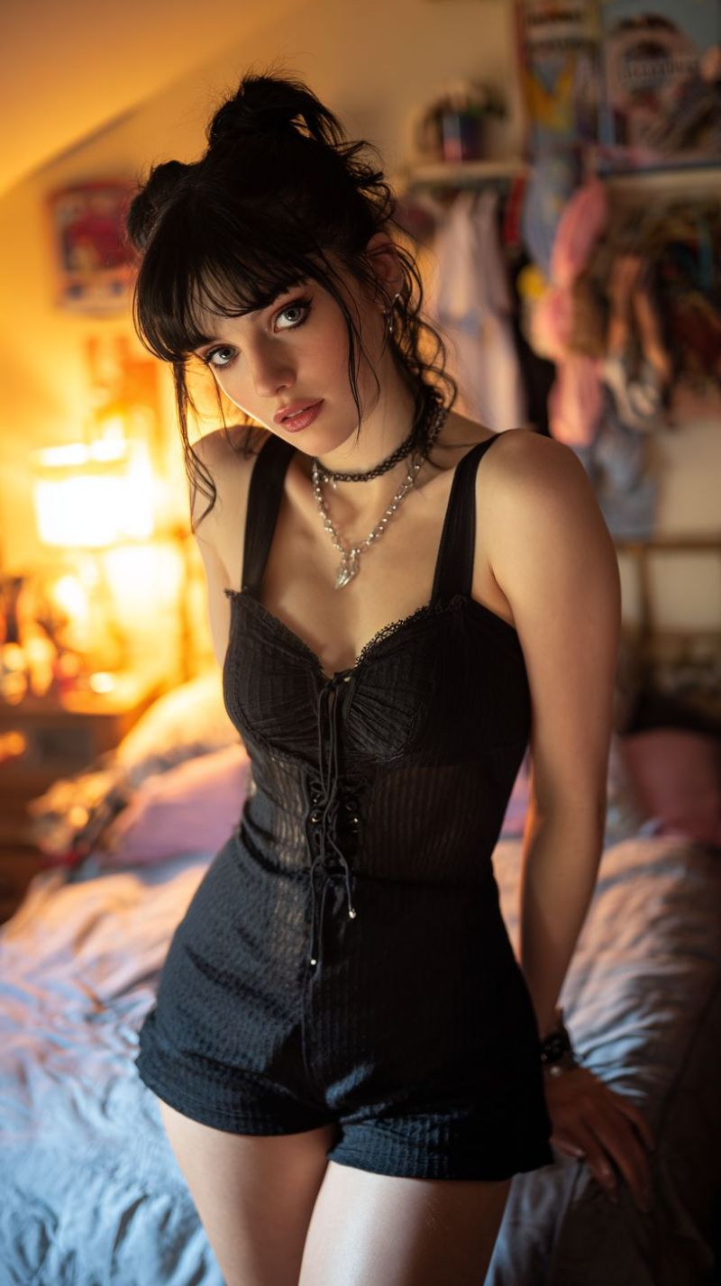 Femme robe collier piece lit lingerie Une femme aux cheveux foncés coiffés en chignon se tient sur un lit, portant un combinaison en dentelle noire avec un design de corset. Elle regarde sur le côté avec un léger sourire, et ses mains reposent sur ses hanches. Le lit est recouvert d'un drap bleu, et il y a une lampe sur la table de chevet à côté du lit. Derrière elle, il y a une étagère avec divers objets, y compris un peluche rose et quelques livres. La pièce est doucement éclairée, créant une atmosphère chaleureuse et intime.
