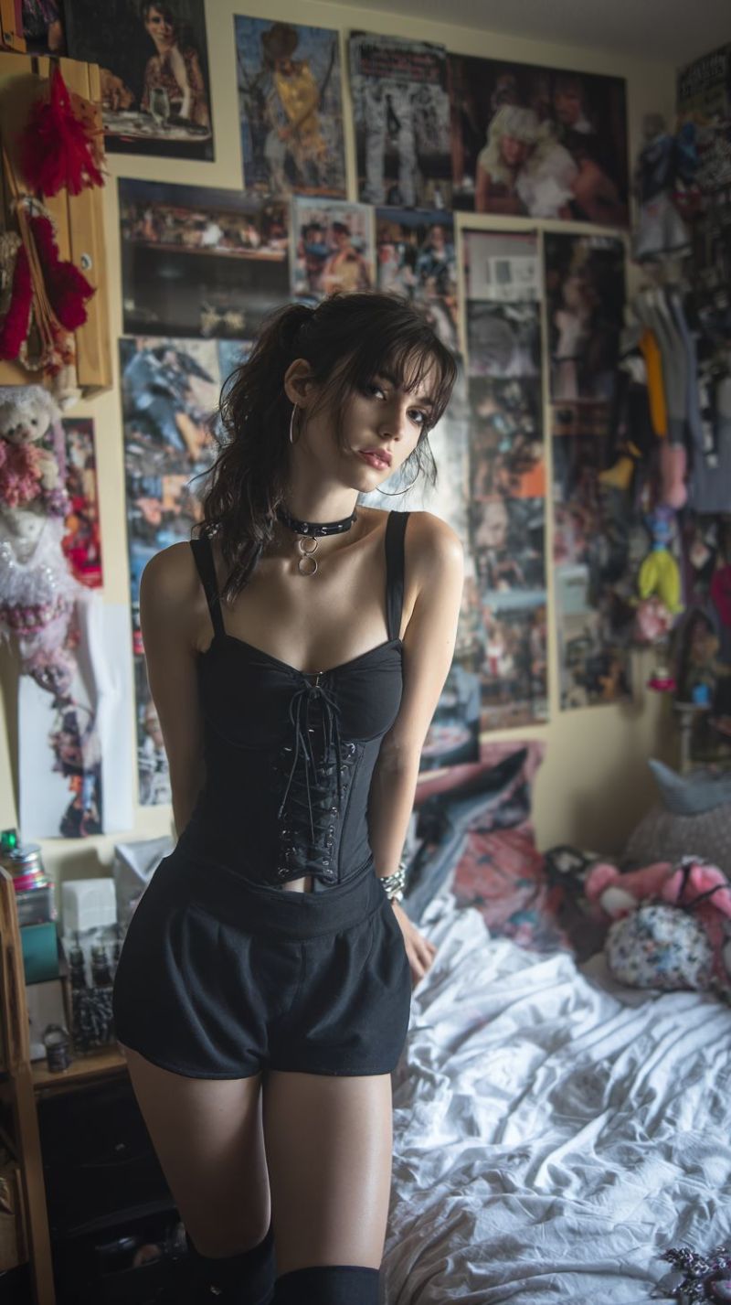 Femme chambre coucher corset collier boucle oreille lingerie Une femme se tient dans une chambre, portant un corset noir avec des lacets et un collier ras-du-cou. Elle a de longs cheveux ondulés et regarde de côté. Derrière elle, la pièce est décorée avec divers posters et images sur le mur. Il y a un lit avec une couverture blanche et un oreiller, et une étagère avec des peluches et d'autres objets. La pièce a une ambiance chaleureuse et éclectique.