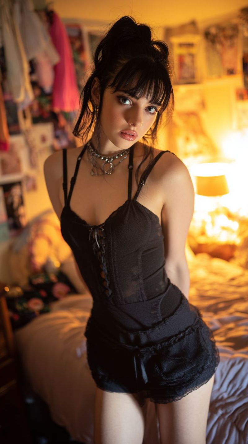 Femme lingerie chambre nuit sexy sous corset dentelle Une femme aux cheveux foncés coiffés en chignon se tient dans une chambre, portant un corset en dentelle noire et un short assorti. Elle a une expression sérieuse et regarde directement la caméra. Derrière elle, il y a un lit avec un oreiller à fleurs et une lampe sur la table de chevet. Les murs sont ornés de diverses images et affiches, et une lumière chaude et jaunâtre illumine la pièce.