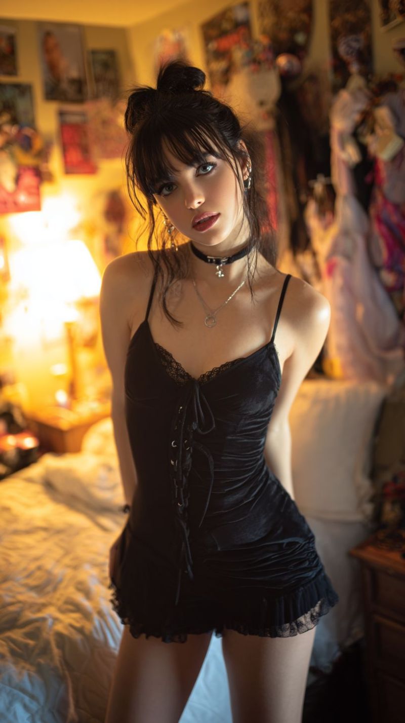 Femme chambre coucher robe col collier boucle oreille chignon maquillage oeil lit lampe table chevet commode etagere Une femme aux cheveux foncés coiffés en chignon se tient dans une chambre, portant un ensemble en dentelle et satin noir avec un col haut et une bordure en dentelle. Elle a une expression sérieuse et regarde directement la caméra. Elle porte un collier ras-du-cou noir avec un pendentif et un collier en argent. Derrière elle, il y a un lit avec des oreillers blancs et une table de chevet avec une lampe. Les murs sont ornés de divers posters et photos.