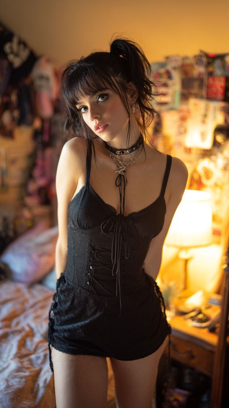 Femme robe lingerie chambre nuit dentelle corset Une femme aux cheveux foncés coiffés en un chignon lâche se tient dans une pièce, portant un corset noir à lacets assorti à un short. Elle a une expression sérieuse et regarde directement la caméra. Derrière elle, il y a un lit avec une couverture blanche et un oreiller. À droite, il y a un bureau en bois avec une lampe et quelques objets dessus. Le fond est rempli de divers posters et objets, créant une atmosphère encombrée et colorée.