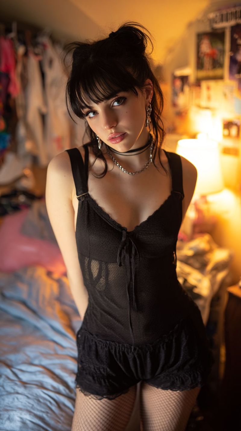 Woman lingerie bedroom night sleepwear fashion sexy underwear sleeping A woman with dark hair styled in a loose bun stands in a bedroom. She wears a black lace camisole with a mesh panel on the front and black lace shorts. She has a black choker necklace and silver earrings. She stands on a bed with a blue blanket, and behind her, there is a wall with various pictures and a lamp. The room is dimly lit, and there are clothes hanging on a rack to the left.
