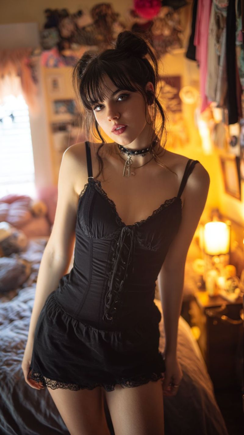 Femme robe lingerie chambre nuit sexy col collier bijou bracelet boucle oreille maquillage oeil ongle Une femme se tient dans une chambre, portant une robe corset en dentelle noire avec un col haut et une bordure en dentelle. Elle a les cheveux coiffés en chignon et porte un collier ras-du-cou noir avec un pendentif. Elle se tient debout sur un lit avec une couette blanche, et derrière elle, il y a une table de chevet avec une lampe et une petite table avec divers objets dessus. La pièce est faiblement éclairée, et il y a divers objets accrochés au mur, y compris une fleur rose et un jouet en peluche.