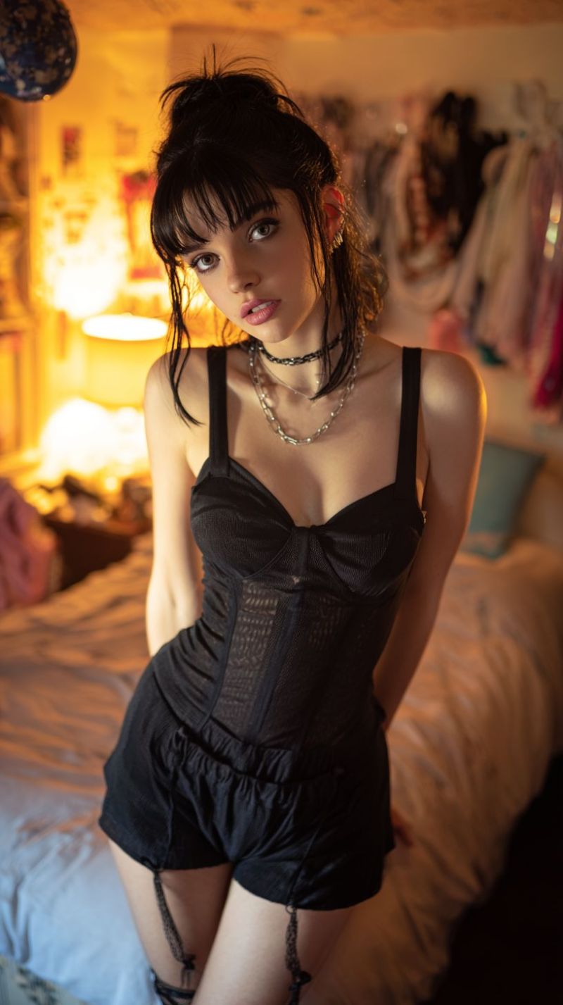 Woman lingerie bedroom night sexy fashion underwear corset shorts jewelry necklace earrings makeup lighting interior A woman with dark hair styled in a bun stands in a bedroom, wearing a black corset and matching shorts. She has a serious expression and is looking directly at the camera. She is adorned with a necklace and a choker. Behind her, a bed with a white blanket is visible, and there are clothes hanging on the wall. The room is softly lit, with a warm glow coming from a lamp or a window.