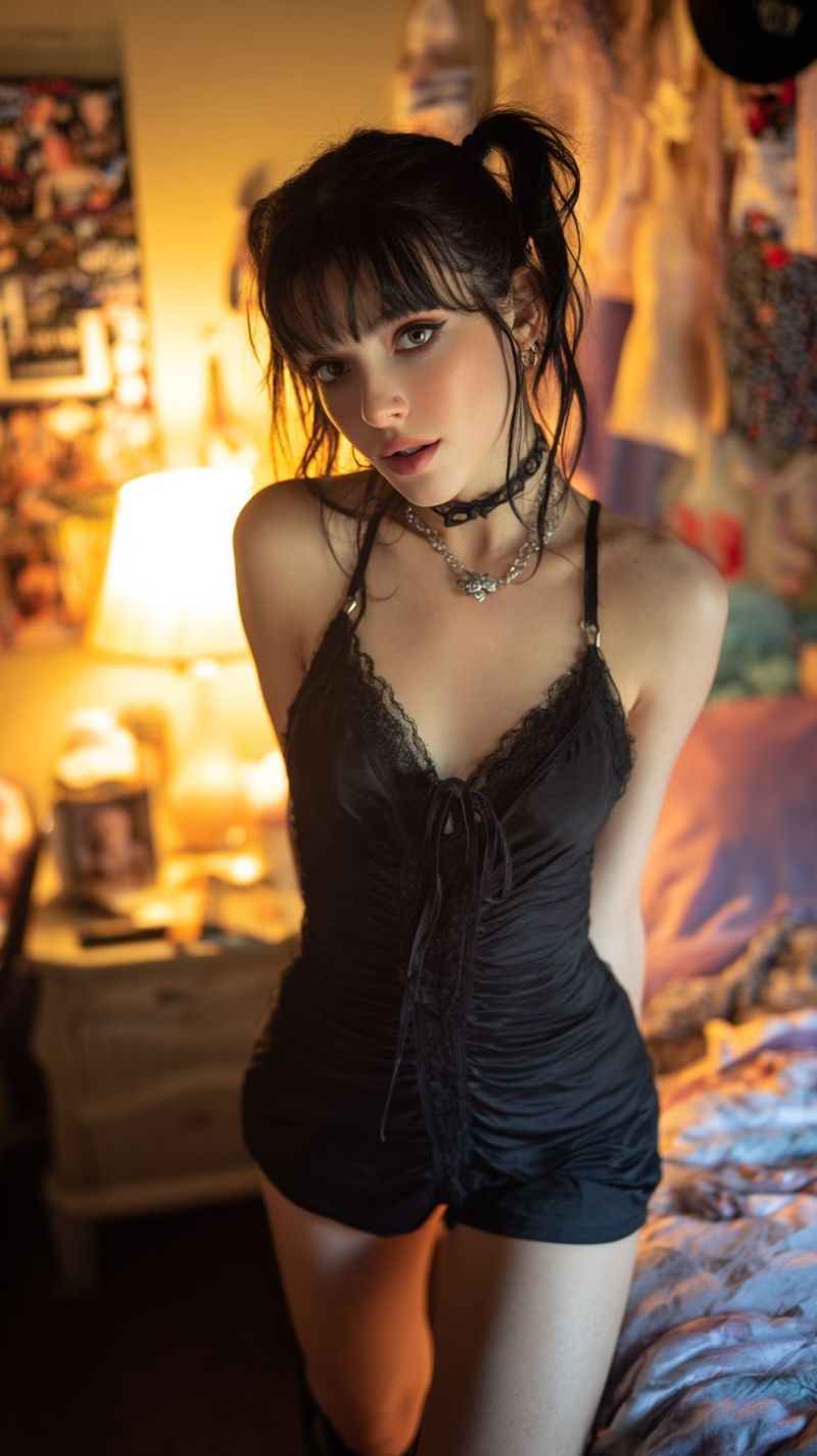 Femme lingerie chambre nuit sexy mannequin Une femme aux cheveux foncés coiffés en queue-de-cheval se tient dans une pièce faiblement éclairée, portant un combishort en dentelle noire avec une taille marquée et un col haut. Elle a une expression sérieuse et regarde directement la caméra. Derrière elle, il y a une table de nuit avec une lampe, un cadre photo et une petite bougie. La pièce a une lumière chaude et jaunâtre, et il y a divers objets accrochés au mur, y compris une image encadrée et une pièce décorative.