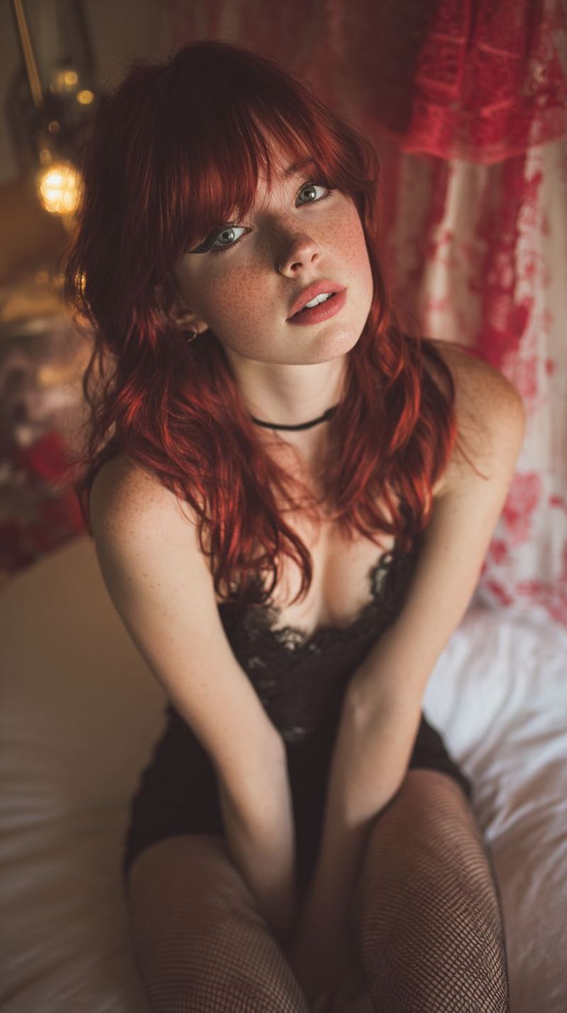 Freckles sitting bedroom red dress lace choker stockings curly lips necklace lingerie skirt garter belt A woman with red hair is sitting on a bed, wearing a black lace bra and black fishnet stockings. She has a serious expression and is looking directly at the camera. Her hair is styled in loose waves, and she has freckles on her face. The bed is covered with a white sheet, and there is a red curtain with a floral design behind her. The lighting is soft and warm, creating a cozy and intimate atmosphere.