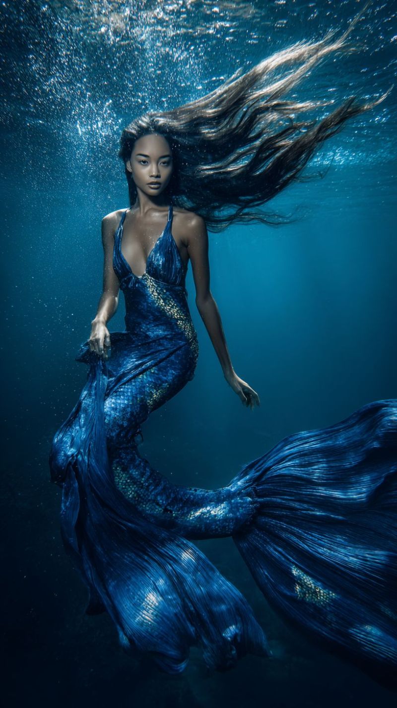 Sirene sous marin fantaisie mer ocean natation eau robe beaute mythologie legende Une femme nage sous l'eau, portant un costume de sirène bleu avec un design doré. Ses longs cheveux flottent autour d'elle, et elle regarde directement la caméra. L'eau est claire, et il y a des bulles autour d'elle. Le fond est bleu foncé, et la lumière est centrée sur la femme.