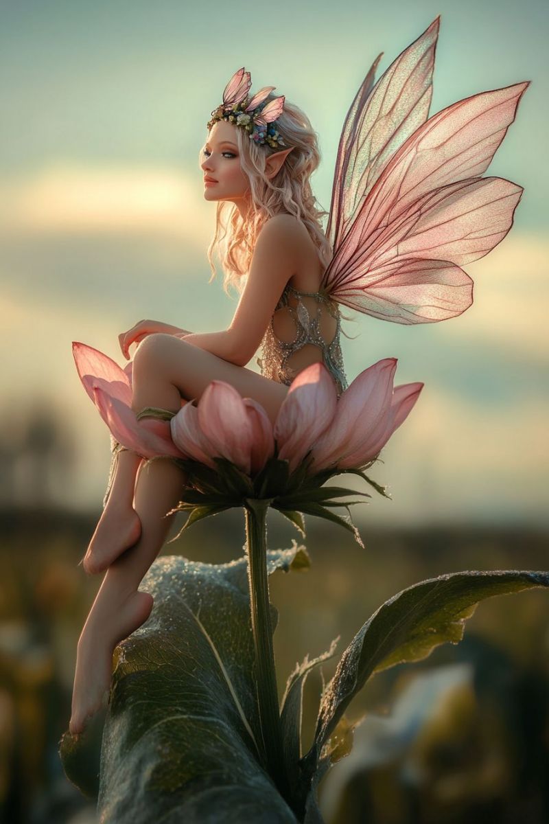 Fantasy fairy tale nature garden insect tinkerbell pixie whimsical ethereal magical flower girl mythical enchanted delicate prince fantastical scene featuring a fairy character. The fairy, with wings spread wide, is sitting on the petals of a large, pink flower that resembles a lotus or lily pad. She appears to be looking towards the viewer with a contemplative expression. Her attire and accessories suggest a whimsical, possibly enchanted theme, consistent with fairy motifs. The background reveals a sunset or sunrise with long shadows indicating it's either early morning or late evening, and there is a clear sky. The overall tone of the image is serene and magical, indicative of fantasy art styles.