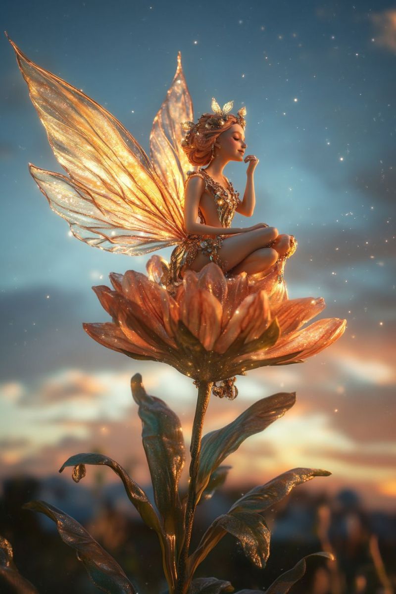 Fantasy female fairy flower steampunk floral imagery vintage aesthetic tinkerbell inflation creative fairy perched atop a flower. The fairy, which occupies the central portion of the artwork, is holding a small wand in its right hand and appears to be in flight, as suggested by the wings on its back. She has an enchanted expression on her face and is adorned with a crown of flowers. The flower from which the fairy sits is vibrant and detailed, exhibiting layers of petals that glisten, possibly with dewdrops or morning light, indicating it could be a sunflower. The background consists of a tranquil sky with soft, warm hues, suggesting either dawn or dusk. The overall composition of the image is serene and magical, evoking a sense of fantasy and enchantment. The artwork is highly detailed, from the intricate design of the fairy's attire to the textures of the flower petals and the softness of the sky.