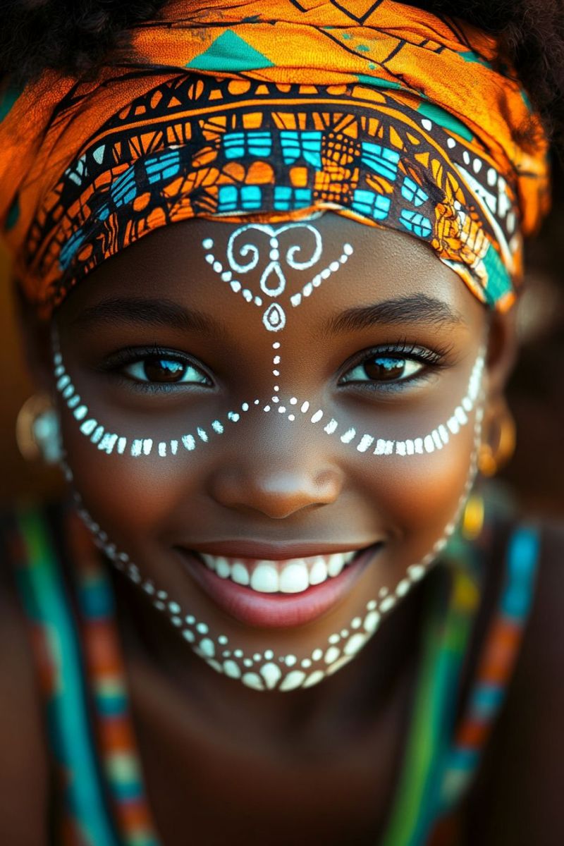 Traditional paint african mask colorful headscarf cultural tribal tattoo young woman smiling festive makeup clothing patterned scarf The image you've shared is of a person. They are wearing traditional tribal body paint, which is common in African cultures like the Dagara people. Their face is painted with white lines and designs, which may be symbolic or part of a specific tribe's design. The individual has dark skin and curly hair that falls around their shoulders. They are also wearing a headband with what appears to be a pattern of feathers or leaves. The person is smiling at the camera and looking directly into it. There is no text on the image. If you have any specific questions about the image or need further details, feel free to ask!