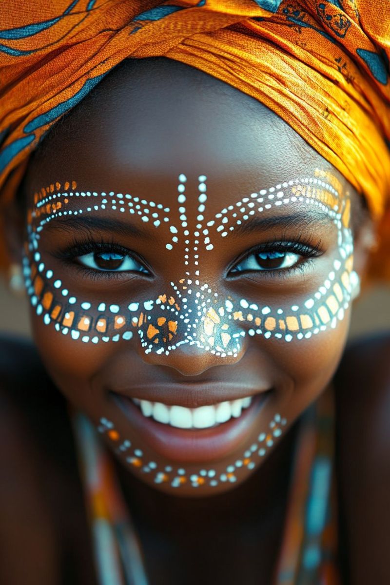 African tribal woman painting tribe culture traditional makeup colorful costume tattoo design ethnic fashion dazzle camouflage person with tribal face paint, commonly known as warpaint. This individual is wearing traditional African attire and accessories such as a headscarf wrapped around the head and beaded jewelry. They also have their hair styled in braids, which is part of the hairstyle in many African cultures. The person has a warm smile on their face, and their eyes are looking directly at the camera, giving the impression of engagement with the viewer. The face paint consists of intricate patterns, possibly symbolizing tribal markings or representing specific groups or individuals within a tribe. The patterns appear to be symmetrical around the person's nose, which is typical for this type of body art. The background is neutral and does not draw attention away from the subject, ensuring that the focus remains on the individual and their cultural attire. Overall, the image captures a moment of joy and cultural expression.