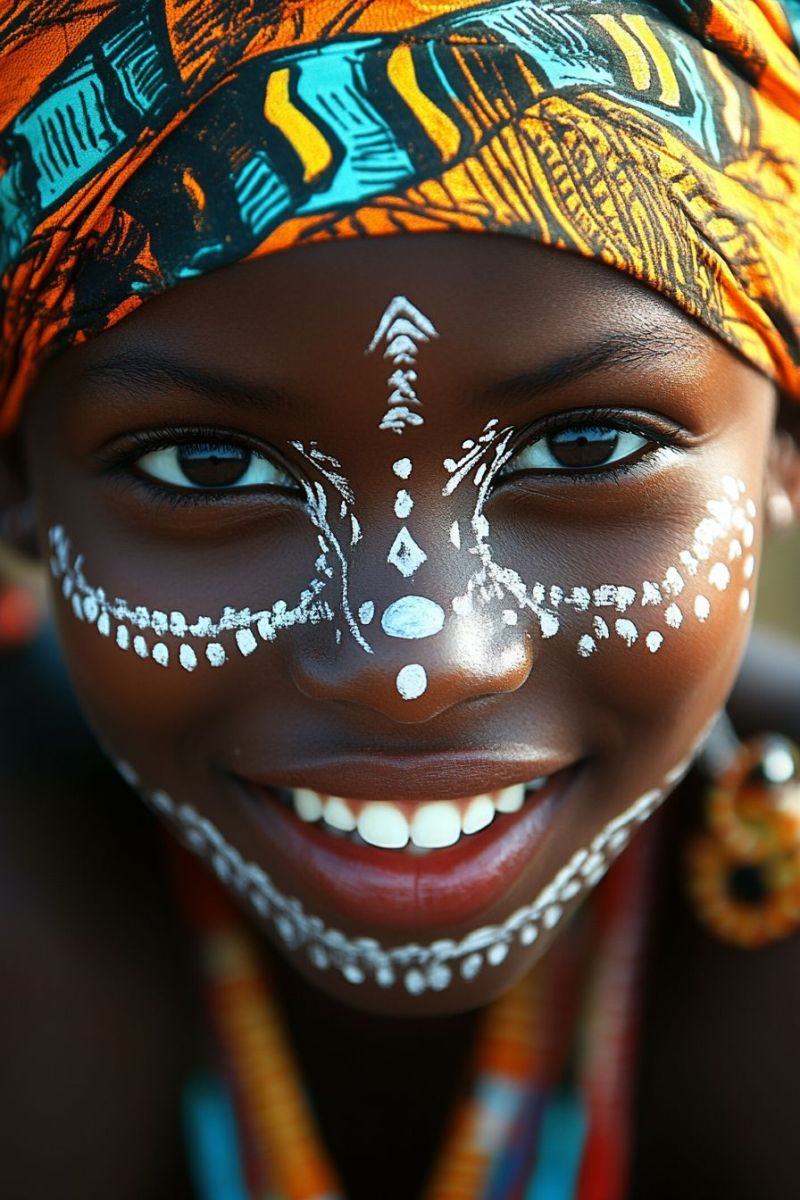 Native american paint tattoo traditional culture colorful bead tribal smile female marking jewelry happine indigenou eye contact person with dark skin. They are wearing traditional facial makeup and accessories, including what appears to be a white pattern on the face, possibly a tribal design. Around their neck is a beaded necklace, suggesting a cultural or traditional significance. The person has long hair styled in an updo, partially covered by a colorful headscarf with a geometric pattern. They are also wearing large earrings that contribute to the overall cultural aesthetic. The individual is looking directly at the camera with a slight smile, and their gaze is engaging and friendly. Their teeth are visible and appear clean and well-maintained. The person has fair skin surrounding the eyes and on the neck and chest area, which contrasts with the darker tones of their face and hair. The background is neutral, focusing attention on the person's face and attire. There are no texts or additional graphics visible in the image. The style of the photo seems to be a professional portrait, possibly for cultural representation or artistic purposes.