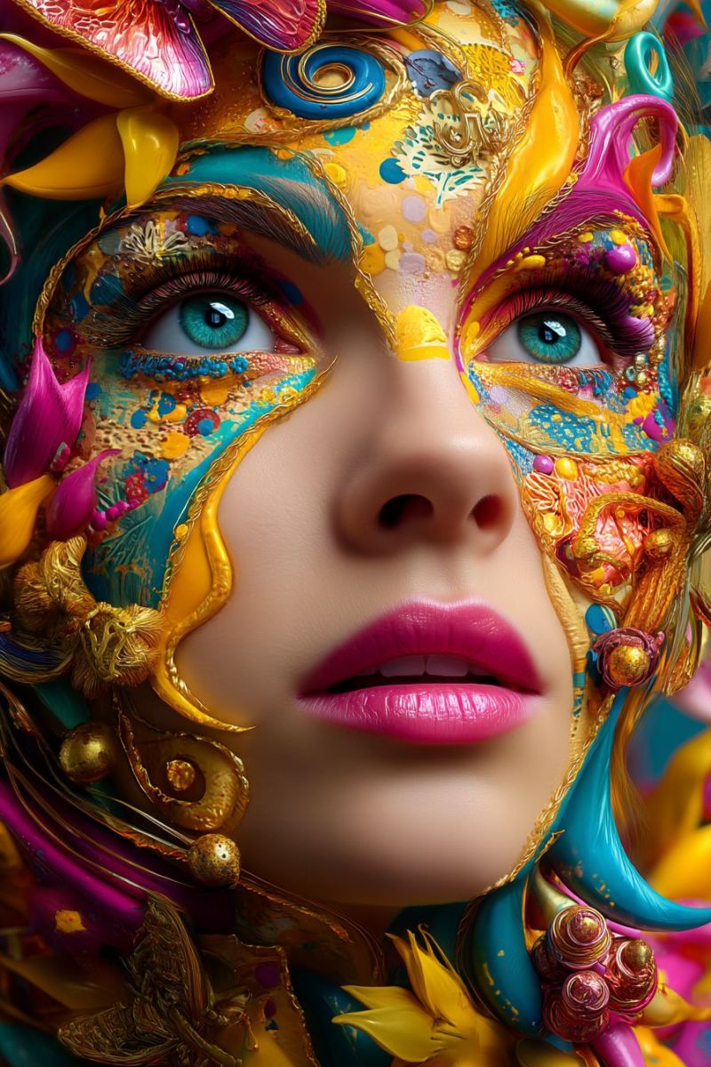 Woman mask colorful eye beauty fashion jewelry accessory design pattern flower butterfly gold pink yellow red blue A close-up of a woman's face adorned with a vibrant, intricate mask. The mask features a mix of bright colors including yellow, blue, pink, and gold. It has a detailed design with swirls, feathers, and metallic elements. The woman's eyes are highlighted with blue and gold, and her lips are painted in a bold pink shade. The mask covers her entire face, with feathers and decorative elements extending down to her neck.