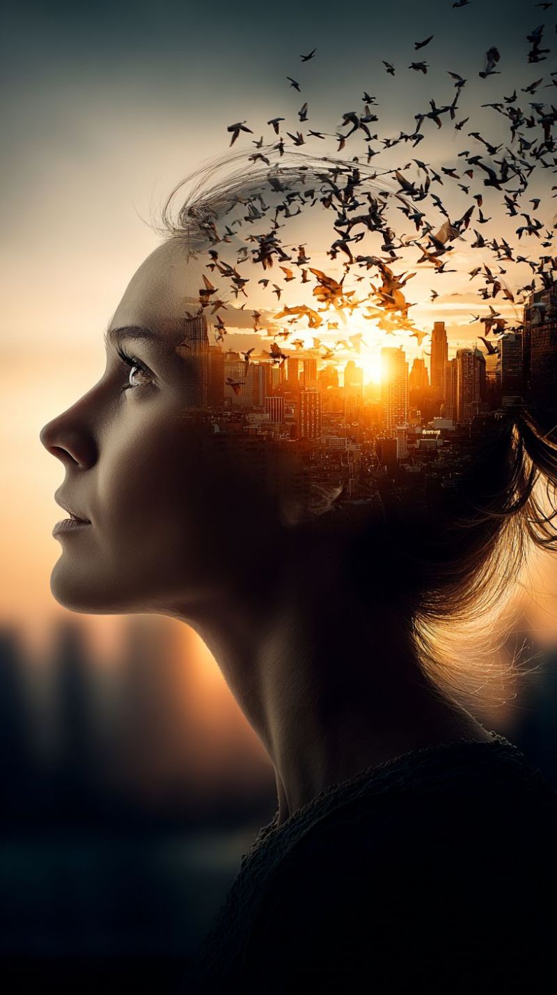 Urbain ligne horizon architecture moderne batiments ciel coucher soleil reflet profil femme plumes oiseaux migration liberte Une silhouette de tête de femme est montrée de profil, avec ses cheveux soufflés par le vent. L'arrière-plan est un paysage urbain avec de grands bâtiments, et le ciel est un mélange de teintes orange et roses, indiquant le coucher du soleil. Les cheveux de la femme semblent être composés de nombreux oiseaux volant en mouvement circulaire, créant un effet dynamique et artistique. L'image transmet un sentiment de liberté, de mouvement et de la beauté de la nature se mêlant à la vie urbaine.