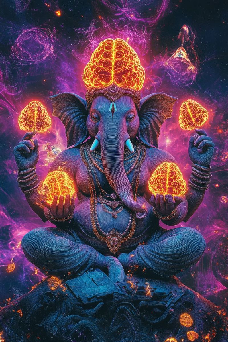 Ganesha brain fire neon glowing meditation spirituality fantasy cosmic universe energy power wisdom knowledge inspiration hindu deity elephant head An image of a deity sitting in a meditative pose with a large, glowing brain on its head. The deity has an elephant head and is adorned with jewelry, including necklaces and bracelets. It holds glowing brain-like objects in both hands, and its body is surrounded by a vibrant, swirling background of purple and pink hues. The background also features abstract shapes and glowing elements, creating a mystical and otherworldly atmosphere.