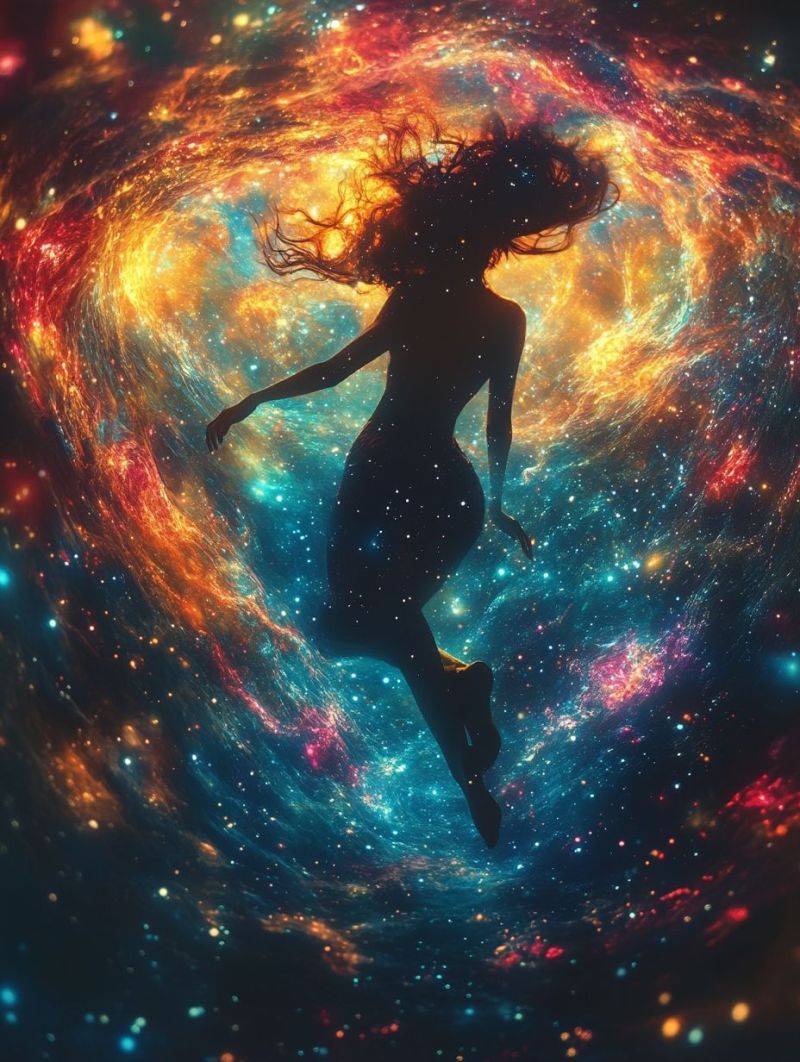 Spatial sci feminine nebuleuse cosmique stellaire surreal astrologie fantasy galaxie femmes espace Une personne dans un saut, suspendue au milieu d'un environnement céleste coloré et vibrante. La personne porte une robe de couleur plus sombre que les tons céléstiaux entourants. Elle est au centre de la composition, entouree de belles nébuleuses qui dévoilent des tons de rouge, orange, jaune, vert, bleu et des notes de pourpre et blanc. Ces nébuleuses donnent l'impression d'un espace cosmique étrange et vaste. La personne a les bras étendus, avec une main pointant vers le centre de l'image. Elle porte également ce qui semble être un halo ou une aura autour d'elle, qui est cohérent en couleur et intensité avec les nébuleuses. Le fond présente une multitude d'étoiles et de constellations, contribuant à la thème cosmique global. L'avis stylistique de l'image suggère qu'il s'agit d'un artwork numérique plutôt que d'une représentation photographique de l'espace.