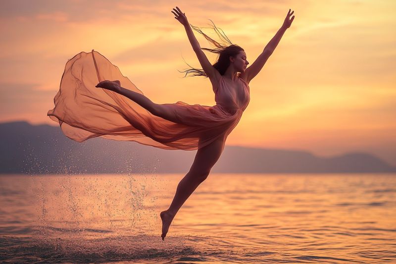 Danseuse ballet femme pratiquant eau seance soleil couchant heures ballerine feminine sautant air decors photographique con Une fenêtre de verre coloré divisée en trois sections. La section gauche présente deux figures face à face ; l'une apparaît masculine avec une lumière halo et l'autre féminine avec des ailes, ce qui suggère une iconographie religieuse souvent associée aux anges. Les deux personnages portent un halo autour de la tête ce qui renforce leur statut saint. La section centrale présente une image d'une croix, symbole chrétien. Cette section constitue le cœur de la composition et agit comme un point focal. La section droite montre trois figures supplémentaires ; deux d'entre elles sont féminines avec des ailes, similaires aux personnages à gauche, indiquant qu'elles sont également des anges ou des êtres à ailes. Le troisième personnage se tient derrière la croix en section centrale. Tous les personnages de cette section ont les yeux fermés, ce qui suggère un moment de prière ou de méditation. L'arrière-plan du verre coloré présente un ciel bleu foncé avec une lumière halo autour de la croix, lui donnant une apparence sacrée et divin. La bordure inférieure de l'image montre une petite partie de l'œuvre d'art qui semble faire partie d'une œuvre plus grande.