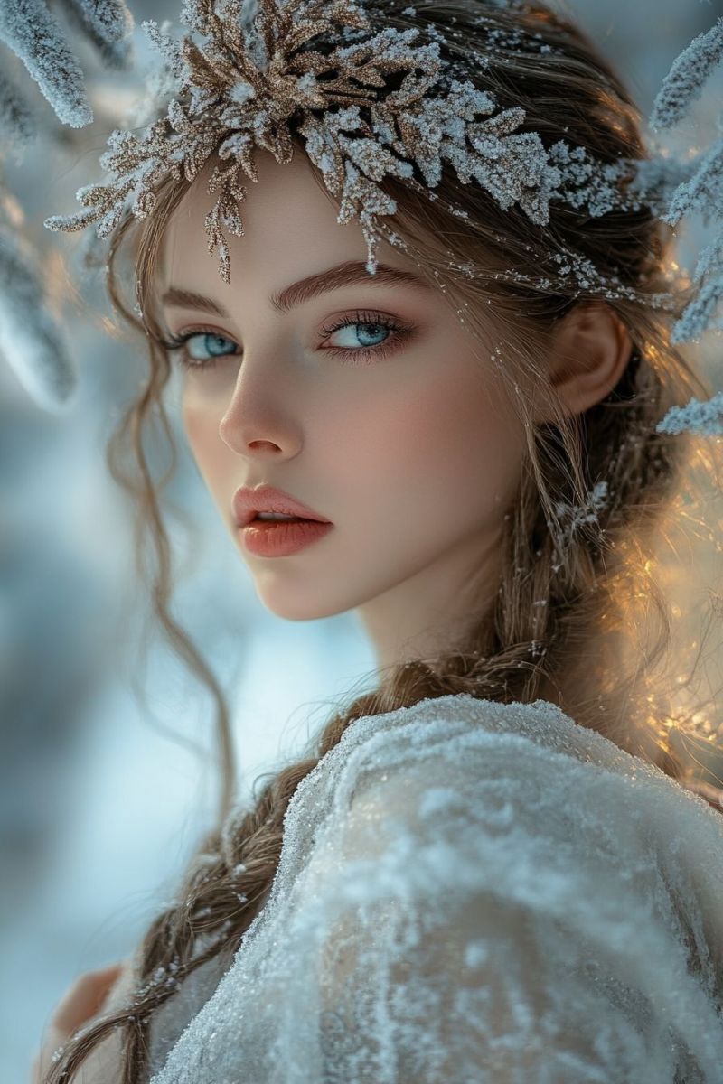 Fantasy prince snowy forest ice snow ethereal beauty crystal crown elven ear female warrior winter wonderland snowflake magic cryst young woman with striking features, set against a backdrop wintery or snow-covered landscape. The woman has long, flowing hair and is wearing makeup that accentuates her eyes. She is gazing directly at the viewer with a neutral expression on her face. Her attire includes what seems to be a white, textured garment, possibly resembling a cloak or a snowy outfit, which blends with the icy environment behind her. The background features a close-up of what looks like frost or ice crystals, giving the impression that she is in an environment where cold and wintry conditions are prevalent. The lighting on her face is soft and diffused, suggesting either early morning light or snowy, overcast weather. The overall composition of the image is elegant and serene.