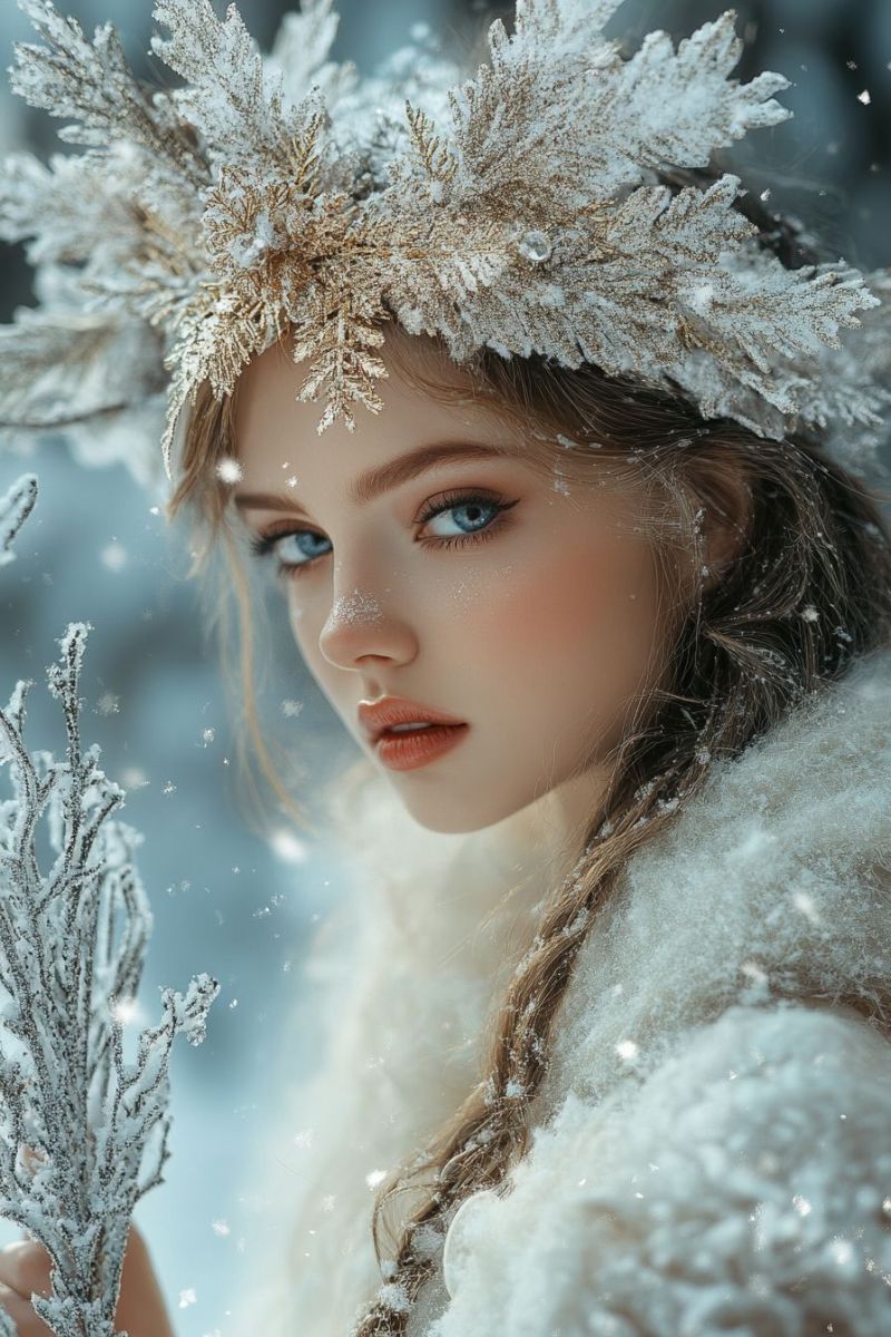 Fantasy snowflake winter magic fairy tale female snow queen ice crystal crown enchantment frozen forest mystical beautiful girl cold weather accurate picture amazing demonstrating the mischiefs wild of human activities on la little prince his rose standing on planet