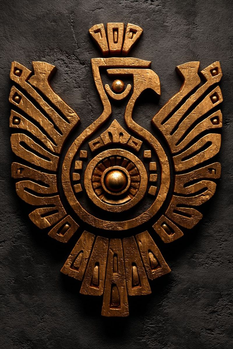 Eagle gold symbol ancient design pattern texture ornament tribal geometric symbolism culture A golden emblem features a stylized bird with outstretched wings, resembling an eagle, set against a dark background. The bird's head is crowned with a golden circle, and its body is adorned with intricate geometric patterns. The wings are detailed with sharp, angular designs, and the overall shape is circular, with the bird's head at the top and its tail feathers extending downwards. The emblem has a metallic sheen, suggesting it is made of a precious metal.