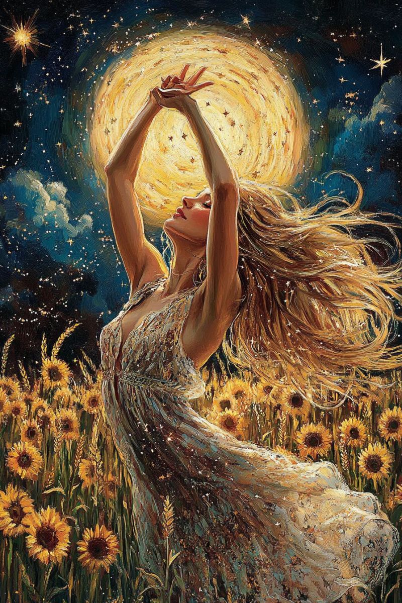 Painting woman sunflower night sky moon stars flowers field beauty dream fantasy glow glowing In a field of sunflowers under a starry night sky, a woman with long, flowing hair stands with her arms raised towards the sky. She wears a shimmering dress that catches the light, and her hair flows gracefully behind her. The sky is a deep blue, dotted with stars and a large, glowing moon. The sunflowers are vibrant yellow, and the scene is bathed in a warm, golden light. The woman's expression is serene and contemplative, as if she is in a moment of deep connection with the universe.