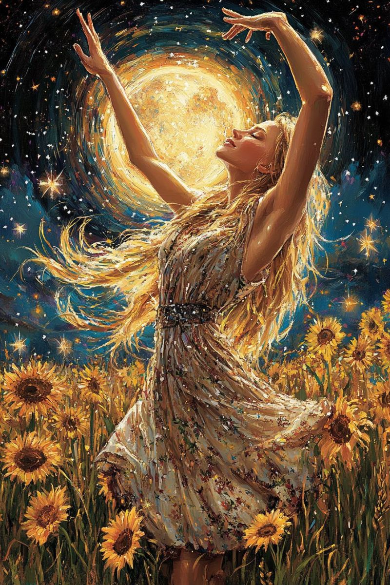Painting woman sunflower night sky moon stars flowers field beauty dream fantasy inspiration love nature sunflowers In the center of the painting, a woman with long, flowing blonde hair stands in a field of sunflowers. She is wearing a flowing dress adorned with floral patterns. Her arms are raised, and she appears to be gazing upward, possibly at a bright, glowing sun in the sky. The sun is depicted as a large, radiant orb surrounded by a burst of yellow and orange colors. The sky is a deep blue, dotted with stars and small specks of light. The sunflowers in the field are vibrant yellow, with their faces turned towards the sun. The overall atmosphere is one of serenity and connection with nature.