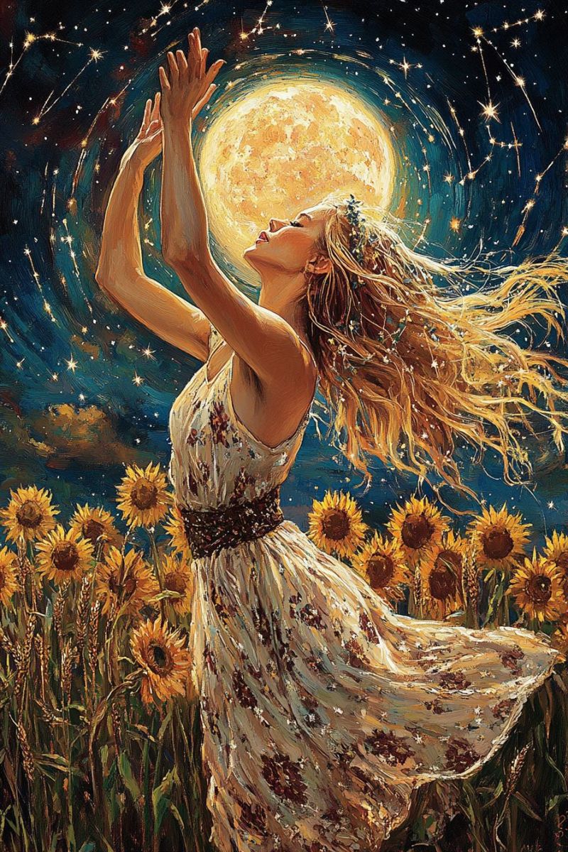 Painting woman night moon stars sunflowers dress hair flowers field beauty fantasy dream inspiration imagination celestial glow sky In the center of the painting, a woman stands with her arms raised towards the sky, her hair flowing freely. She wears a floral dress and appears to be in a field of sunflowers. The background features a large, bright moon surrounded by stars and constellations. The sky is a deep blue, and the sunflowers are tall and golden, creating a serene and magical atmosphere.