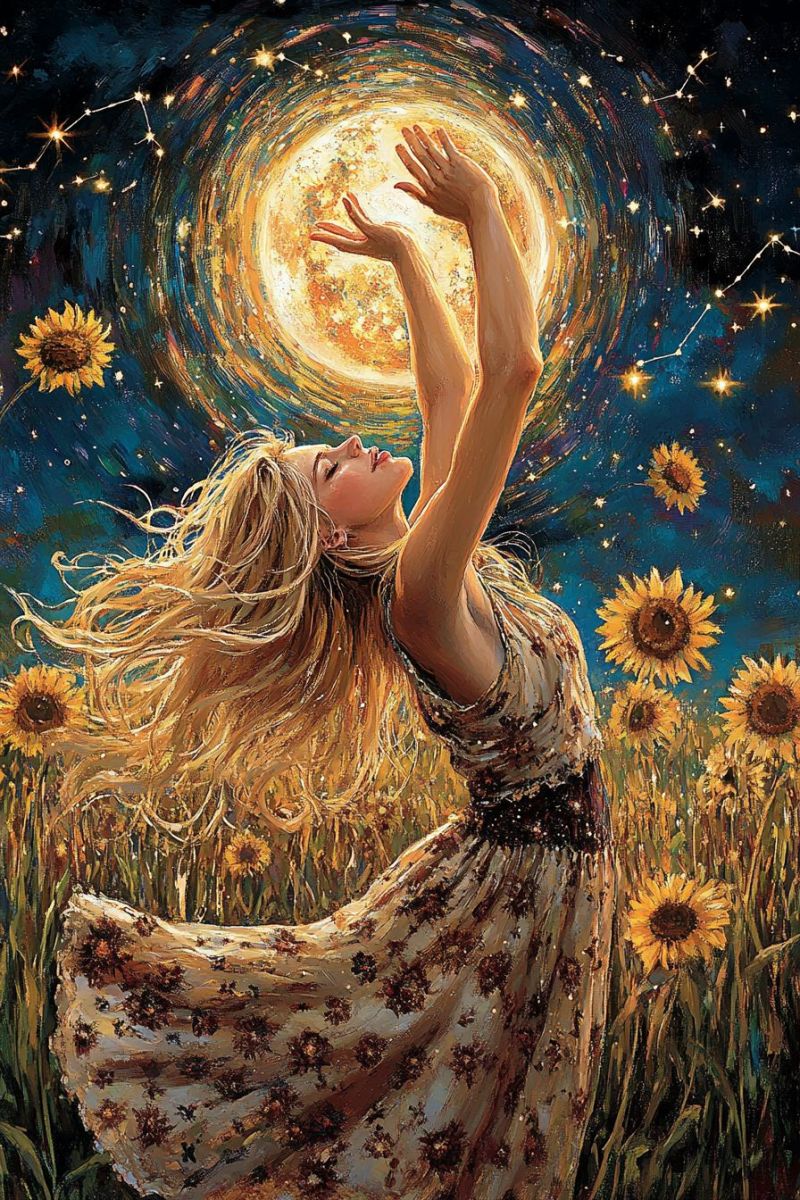 Painting woman sunflower night moon star sky flower field beauty dream fantasy love nature oil sun universe In the center of the image, a woman with long, flowing blonde hair stands in a field of sunflowers. She is wearing a floral dress and has her arms raised towards the sky. Her eyes are closed, and she appears to be in a state of deep contemplation or meditation. The sky above her is a vibrant mix of blues and yellows, with a large, glowing full moon at its center. The moon is surrounded by a swirling pattern of stars and constellations, creating a magical and ethereal atmosphere. The sunflowers in the field are tall and golden, with their faces turned towards the moon, adding to the serene and mystical quality of the scene.