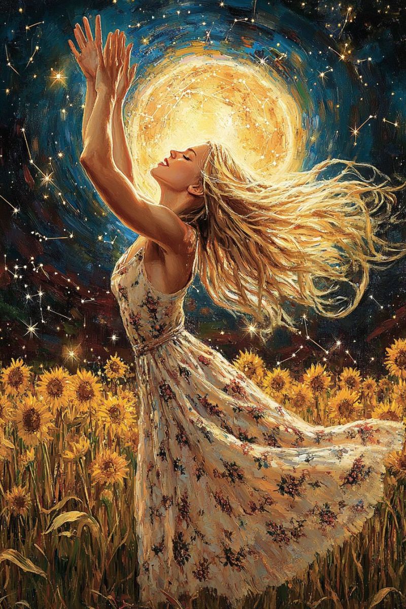 Painting woman field sunflowers night stars sky dress hair hands flowers yellow grass flower blossom blossoms In a field of tall grass and sunflowers, a woman stands with her arms raised towards the sky. Her long blonde hair flows freely, and she wears a floral dress that billows around her. The sky is a deep blue, dotted with stars and constellations, and a bright yellow sun with radiating lines is at the center, surrounded by a golden glow. The sunflowers in the field are vibrant yellow, and the overall scene is bathed in a warm, ethereal light.
