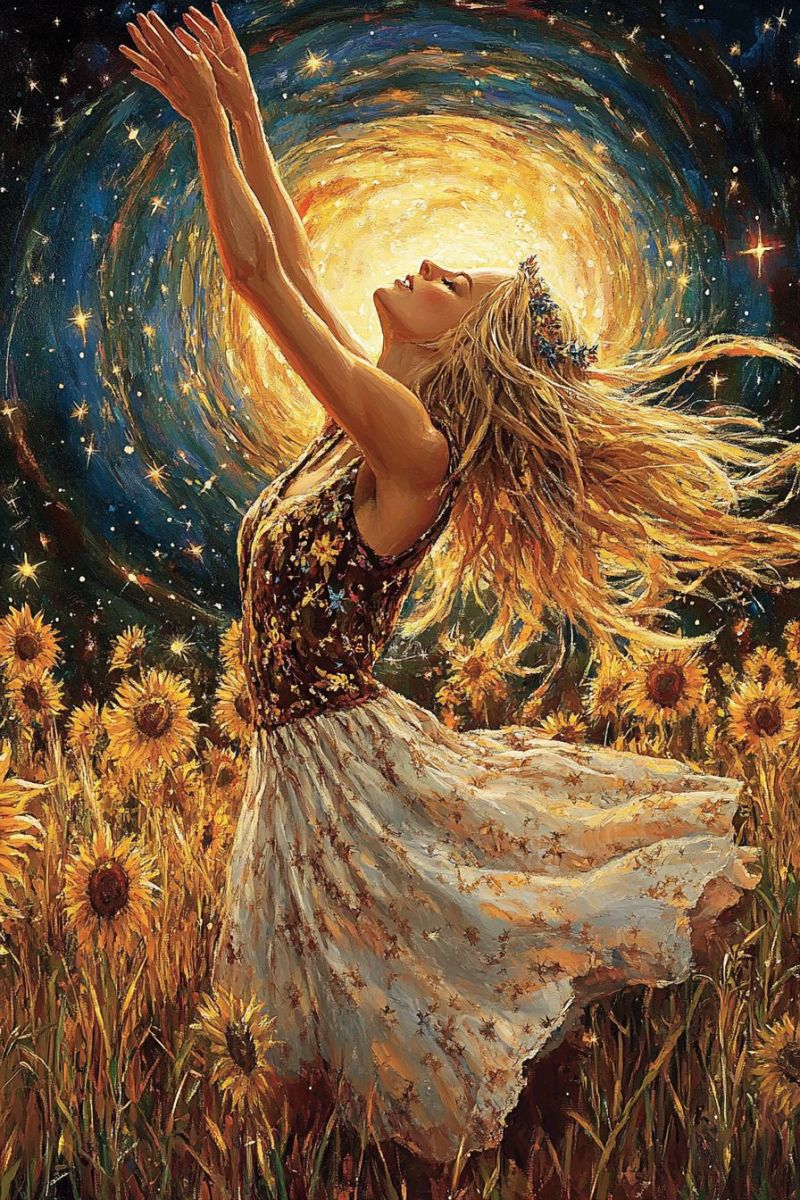 Painting woman sunflowers stars flowers girl night sky field dress flower crown wreath garland necklace bracelet anklet headband tiara In the center of the painting, a woman with long, flowing blonde hair stands in a field of sunflowers. Her arms are raised towards the sky, and her dress, adorned with floral patterns, billows around her. The sky above is a vibrant mix of blue and yellow, swirling with stars and a bright, central light. The sunflowers are tall and golden, with their faces turned towards the light. The woman's expression is serene and joyful, as if she is in a moment of deep connection with nature and the universe.