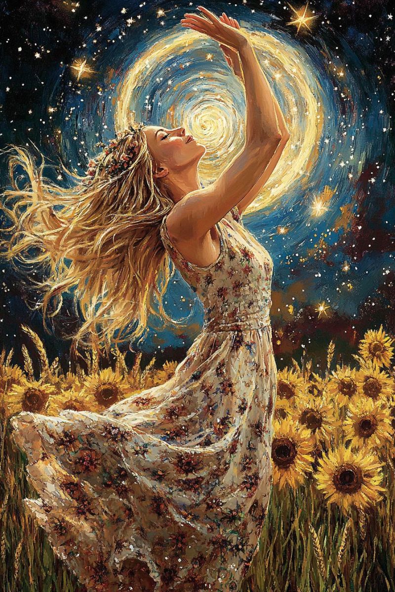 Painting woman night star sky flower field sunflower dress hair beauty flowers girl paintings In the center of the painting, a woman with long, flowing blonde hair stands in a field of sunflowers. She is wearing a floral dress and has her arms raised towards the sky. Her hair is blowing in the wind, and she appears to be looking up at the stars. The sky is a deep blue, and there is a large, glowing circle in the center with stars radiating outwards. The sunflowers in the foreground are tall and have bright yellow petals. The painting has a dreamy, ethereal quality.