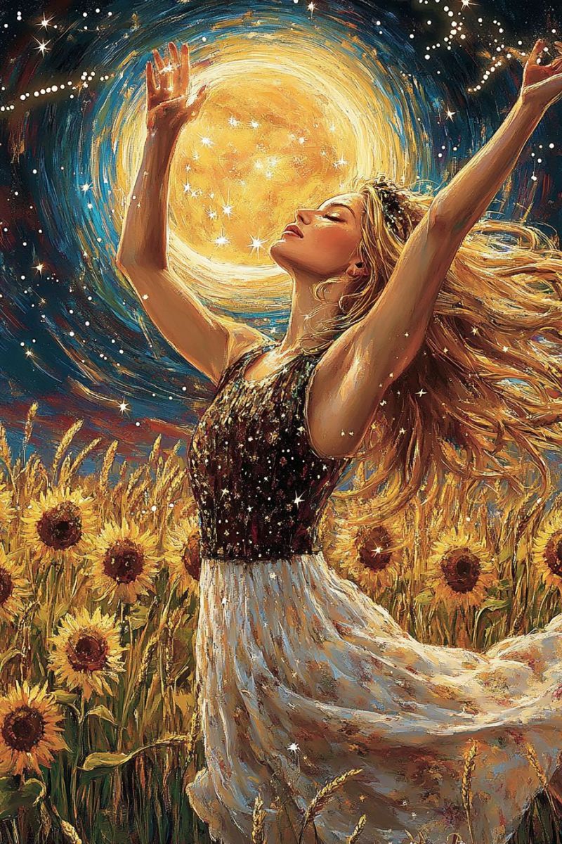 Painting woman sunflower field night moon star sky flower girl beauty dream fantasy glow glowing In a vibrant painting, a woman stands in a field of sunflowers under a luminous night sky. She has long, flowing blonde hair and is dressed in a sleeveless top with a white skirt. Her arms are raised, and she appears to be reaching towards a large, glowing full moon. The moon is surrounded by a halo of stars, and the sky is a deep blue with scattered stars. The sunflowers are tall and golden, and the woman's dress and hair seem to be illuminated by the moon's light.