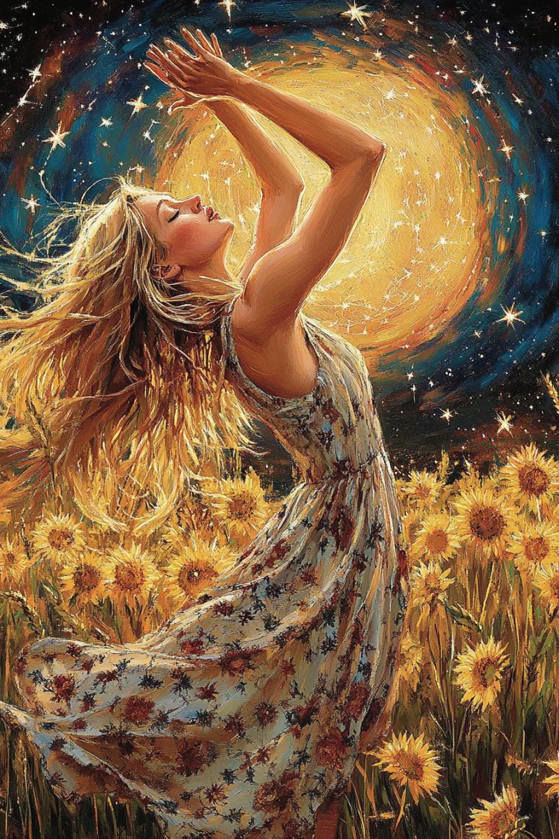 Painting woman sunflowers stars moon dress hair arms uplifted yellow flowers grass field beauty inspiration dreams imagination fantasy night sky In a sunflower field under a night sky, a woman with long blonde hair stands gracefully. She wears a floral dress and has her arms raised, appearing to be in a moment of joy or celebration. The sunflowers around her are tall and vibrant, with their bright yellow petals facing the sky. The sky is a deep blue, dotted with stars and a large, glowing sun. The sun's rays illuminate the woman and the sunflowers, creating a warm and magical atmosphere.