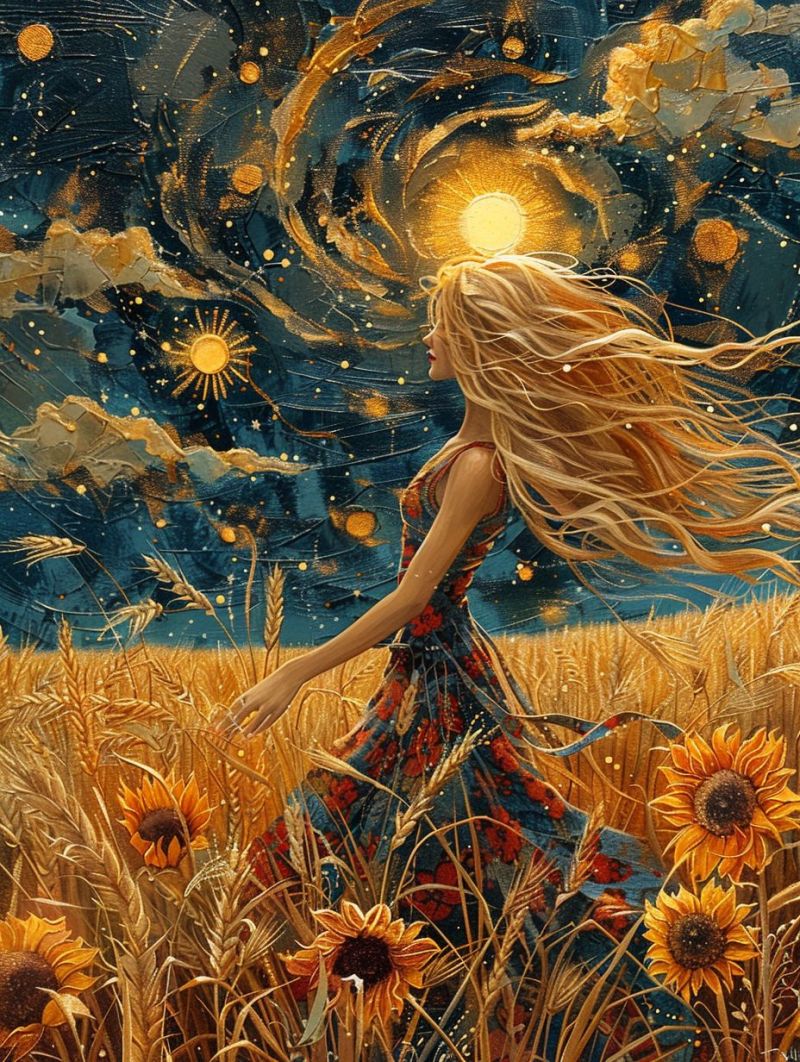 Fantastique surreal femme champ herbes fleurs ciel nocturne nature etoiles reve figurine feminine soir tournesols L'image présente un dessin vif et coloré d'une personne debout dans un champ ouvert, entourée de fleurs jaunes hautes. La personne a des cheveux longs qui coulent le long de son dos et porte une chemise sans manche aux motifs florals qui correspondent aux fleurs environnantes. Elle est tournée vers l'arrière du spectateur, regardant l'horizon où le ciel rencontre la silhouette du soleil, créant un effet dramatique avec la lumière dorée filtrant à travers les nuages. Le champ lui-même a une teinte d'or, ce qui suggère qu'il se situe à la fin de l'après-midi ou au début de la soirée, car le ciel au-dessus passe du jour à la nuit. L'arrière-plan est rempli de étoiles et des nuages flous qui ajoutent une profondeur et une vasteur à la scène. L'atmosphère générale de l'image suggère un moment calme et peut-être réflexif capturé dans le temps. L'artiste a été très détaillé, avec des textures qui donnent l'impression d'objets réels comme du tissu pour la chemise que porte la personne ou ce qui semble être de l'avoine ou de l'ail dans le champ, indiquant un cadre pastoral. L'utilisation de lumière et d'ombre crée une illusion tridimensionnelle, tandis que les couleurs sont riches et vives, contribuant à la qualité rêveuse de la pièce.