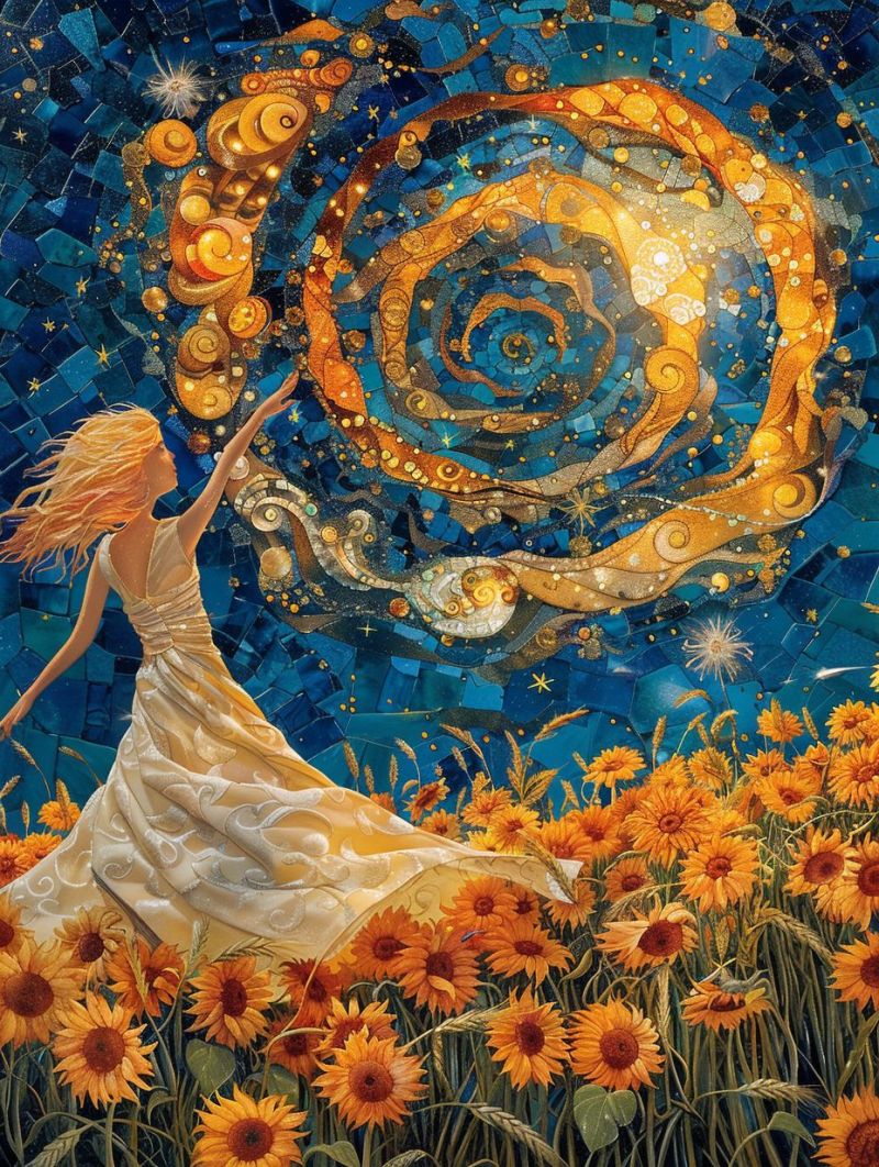 Fantastique verre tachete femme cheveux spirituel angelique sunflowers champ celeste reve La femme se tient debout dans un champ de fleurs, avec les cheveux blonds et vêtue d'une robe blanche qui flottent autour d'elle comme si elles étaient soulevées par un léger vent. Le champ est vibrante de fleurs orange, ce qui crée une forte contraste avec le ciel bleu. Le ciel lui-même est exceptionnellement beau. Il est décoré de éléments enchantés tels que des étoiles, des planètes et un nébuleuse spirale, tous rendus dans des tons d'or et jaune. Cette scène céleste est encadrée par ce qui apparaît être une grande structure circulaire, probablement une fenêtre de verre coloré, qui ajoute une touche d'élégance artistique à l'avant-plan. Au-dessus de sa tête, flottent comme un rêve ou une souhait, divers autres corps célestes, notamment des étoiles, des planètes et peut-être même une lune. La composition globale de l'image lui donne une qualité fantastique et rêveuse, suggérant une scène d'une histoire de fantasy ou d'un conte de fée.