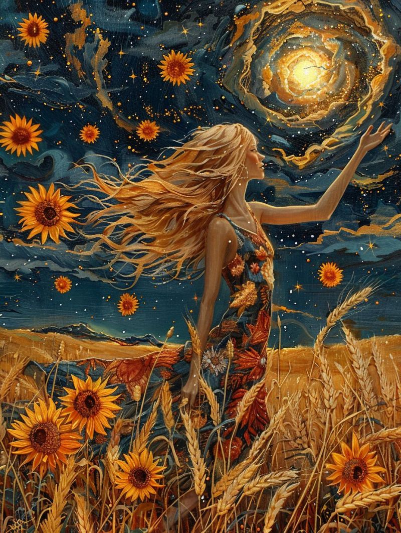 Graphisme oui nuit etoilee champs tournesols fantasy science fiction naturelle feminine corps celestial soleil lune ciel Une femme se tient debout dans un champ de blé haut et doré jaune. Elle étend les bras comme si elle embrassait le monde ou l'invitait à faire de même. Ses cheveux coulent librement autour d'elle, en faisant gagner le rayonnement du soleil qui se couche. Elle est vêtue d'un attire casual qui se fond dans les tons naturels du paysage. Le ciel au-dessus est une vaste étendue de bleu foncé, punctué de nombreuses étoiles et un croissant de lune particulièrement brillant. La femme semble regarder vers ce spectacle céleste, son expression étant à la fois contemplative ou étonnée. Des fleurs de soleil imposantes sont dispersées dans le champ, leur visage tourné vers le spectateur, ajoutant un élément de vie à l'immuable paysage. Le champ s'étend à l'infini où d'autres champs et une petite ville peuvent être vues sous le même ciel étoilé. La palette colorée est chaude, avec des tons jaunes, orange et rouge dominant la scène, créant un sentiment de serénité et d'harmonie avec la nature.