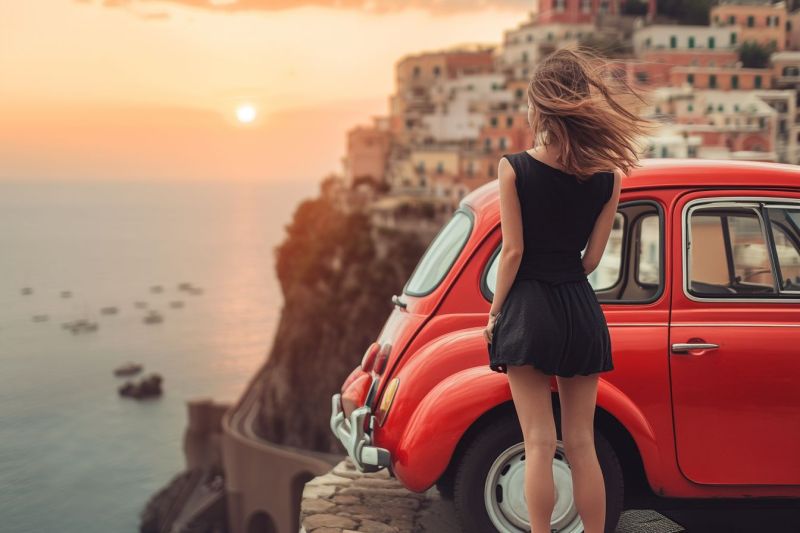 Voyage tourisme panoramiques italie cote amalfi coucher soleil apres midi alfa romeo voiture femme voyageuse feminine rural campagne Une vue pittoresque avec une personne en primer-plan. Une femme se tient à gauche du photo, regardant directement la caméra avec un posture détendue et ses mains engoulées dans ses poches. Elle porte une maillot de bain sans manche et des shorts noirs. Dans le fond, il y a un vieil auto rouge garée sur ce qui semble être une rue ou une rue pavée en briques rouges. L'auto ressemble à des classiques Volkswagen Beetles. Le décor présente une charmante petite-village de côte avec des bâtiments colorés et le ciel clair au-dessus, donnant l'impression d'un endroit calme et paisible. La scène dans son ensemble suggère un emplacement tranquille, possible sur la côte amalfitaine en Italie, connue pour ses villages pittoresques perchés sur les falaises qui regardent le mer méditerranéen.