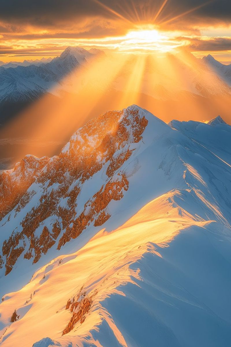 Montagne neige ciel soleil lever nature air rocher rocheux rayon coucher enneige flanc chaine sommet Le soleil se couche derrière une chaîne de montagnes, projetant une chaude lumière dorée sur les pics enneigés. Les rayons du soleil créent un effet dramatique, illuminant les pentes montagneuses et projetant de longues ombres. Le ciel est d'un orange profond, passant à un orange plus clair près de l'horizon. Les montagnes sont escarpées et abruptes, avec des arêtes déchiquetées et des affleurements rocheux. La neige sur les montagnes est épaisse et blanche, reflétant la lumière du soleil. La scène globale est à couper le souffle et impressionnante, mettant en valeur la beauté de la nature au coucher du soleil.